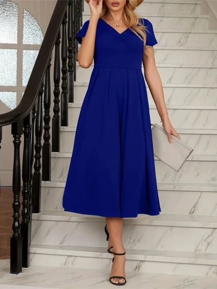 MDB Kadın Kısa Kollu V Yakalı önden Pileli Midi Janjan Krep Elbise - Resim 3