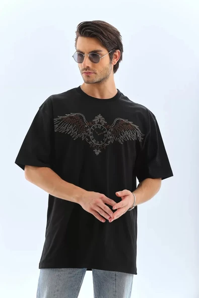 MDB Unisex Oversize Taşlı Bisiklet Yaka Thirt  iyah - Resim 4