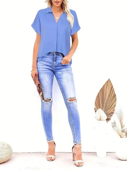 MDB Kadın Kısa Kollu Yakalı Uzun Sandy Bluz - Resim 5