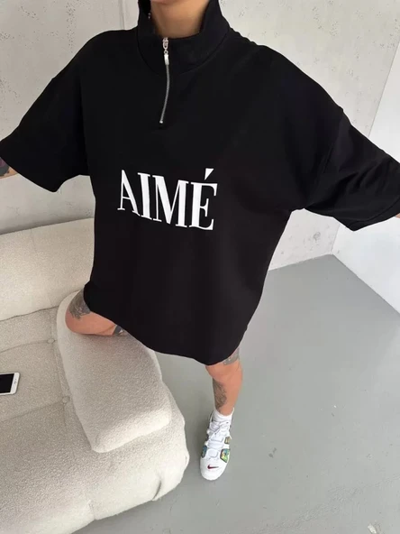 MDB Unisex Yarım Fermuarlı Baskılı Thirt  iyah - Resim 2