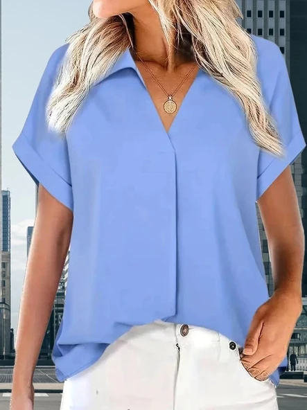 MDB Kadın Kısa Kollu Yakalı Uzun Sandy Bluz - Resim 7