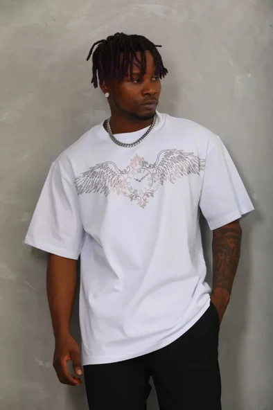 MDB Unisex Oversize Taşlı Bisiklet Yaka Thirt  Beyaz ürün görseli 1