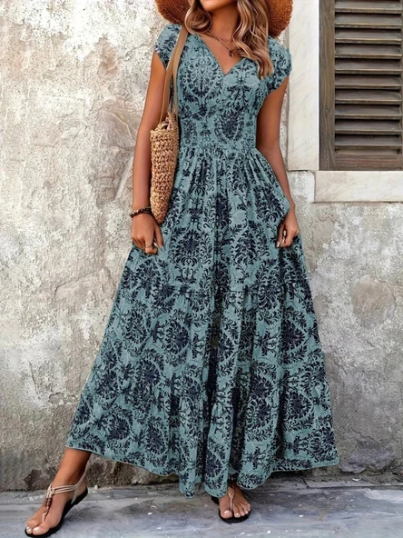 MDB Kadın Kısa Kollu Kruvaze Yaka Beli Lastikli Süprem Maksi Boy Elbise - Resim 2