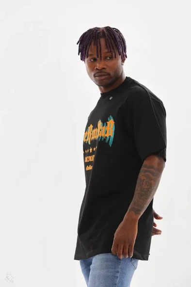 MDB Unisex Kuşgözü Detaylı Baskılı Oversize Thirt  iyah - Resim 3