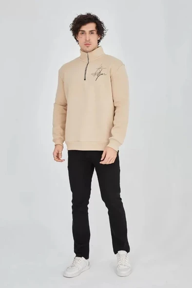 MDB Erkek Yarım Fermuarlı Baskılı weat  Bej ürün görseli 1