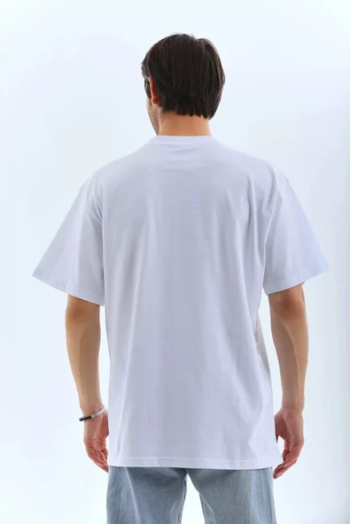 MDB Unisex Oversize Taşlı Bisiklet Yaka Thirt  Beyaz - Resim 2