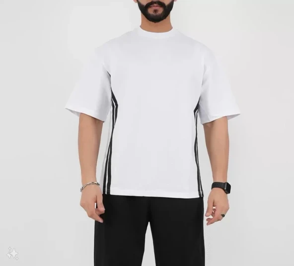 MDB Unisex Oversize Yanları Şeritli Thirt  Beyaz - Resim 2