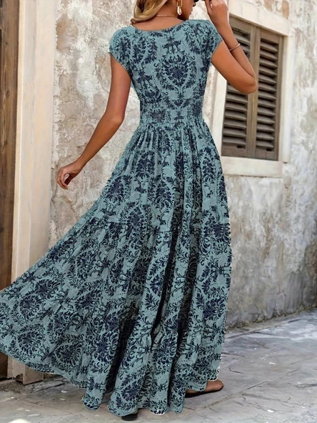 MDB Kadın Kısa Kollu Kruvaze Yaka Beli Lastikli Süprem Maksi Boy Elbise - Resim 5