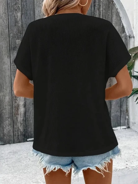 MDB Kadın Kısa Kollu Yakası Açık önden Düğmeli Waffle Bluz - Resim 4