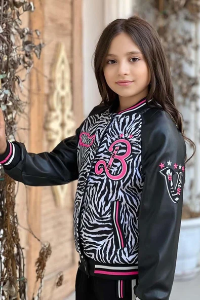 Kız Çocuk V Cool Yazı Baskılı Sweatshirt Zebra ve Pembe Şerit Detaylı Deri Eşofman Takım - Resim 4