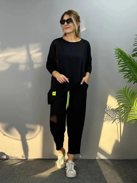 MDB Kadın Iki Iplik Viskon Pamuk Kumaş Arma Detaylı Ikili Takım - Resim 5