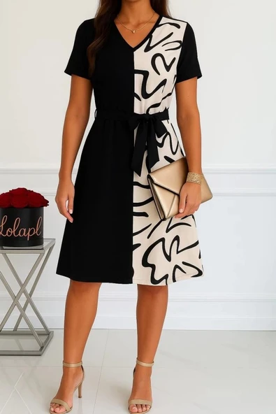 MDB Kadın Kısa Kollu V Yakalı çift Renkli Desenli Beli Kuşaklı Atlas Elbise ürün görseli 1