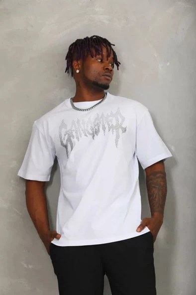 MDB Unisex Oversize Taşlı Bisiklet Yaka Thirt  Beyaz ürün görseli 1