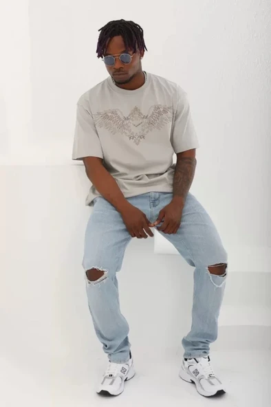 MDB Unisex Oversize Taşlı Bisiklet Yaka Thirt  Gri - Resim 4