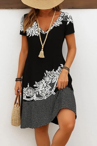 MDB Kadın Kısa Kollu V Yakalı çiçek Baskılı Süprem Elbise ürün görseli 1