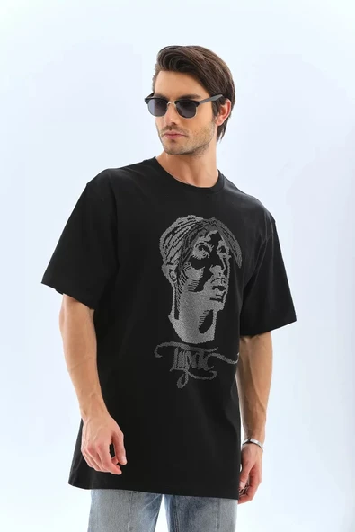 MDB Unisex Oversize Taşlı Bisiklet Yaka Thirt  iyah - Resim 4