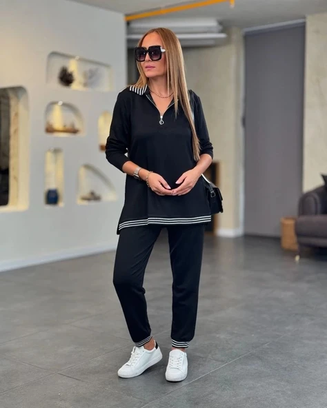 MDB Kadın Uzun Kollu Ribana Ve Fermuar Detay Bluz Ve Yüksel Bel Pantolon 2li Takım ürün görseli