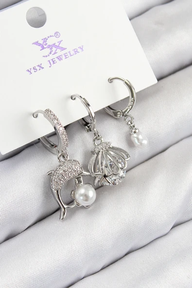 Pirinç Zirkon Taşlı 3'lü Yunus Balığı Ve İstiridye Model Gümüş Renk Kadın Küpe - TJ-BKP11127 ürün görseli