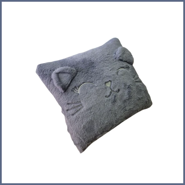 Kedi Nakış Desenli Pelüş Seyahat Yastığı / Araç Uçak Otobüs İçin Yumuşak Konforlu Kırlent 30x35 cm - Resim 5
