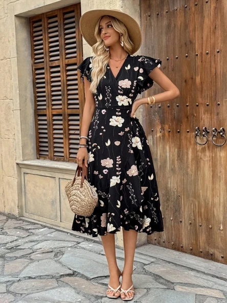 MDB Kadın Kısa Kelebek Kollu Kruvaze Yakalı Belden Kuşaklı Midi Süprem Elbise - Resim 3