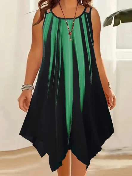 MDB Kadın Askılı Yuvarlak Yaka Asimetrik Detaylı Desenli Süprem Elbise ürün görseli 1