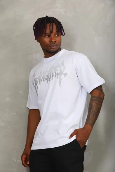 MDB Unisex Oversize Taşlı Bisiklet Yaka Thirt  Beyaz - Resim 3