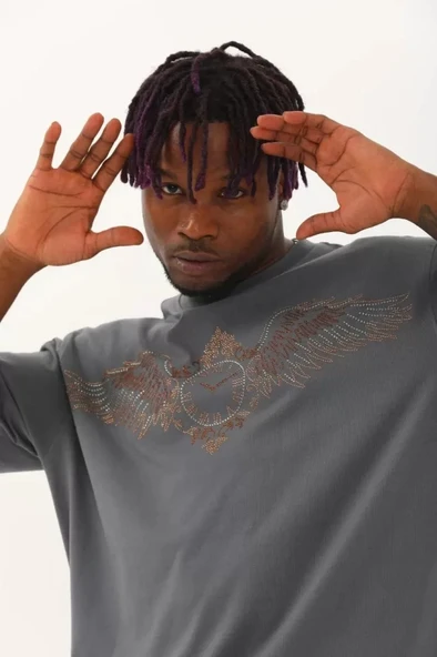 MDB Unisex Oversize Taşlı Bisiklet Yaka Thirt  Füme - Resim 2