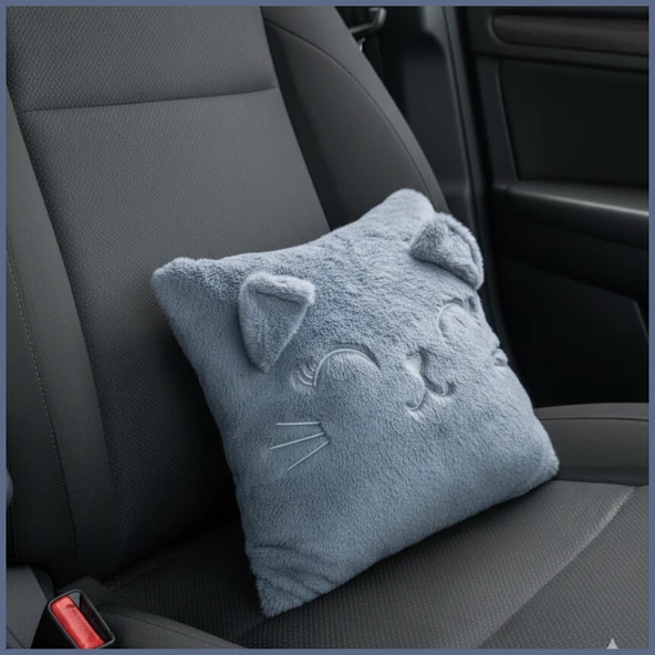 Kedi Nakış Desenli Pelüş Seyahat Yastığı / Araç Uçak Otobüs İçin Yumuşak Konforlu Kırlent 30x35 cm ürün görseli
