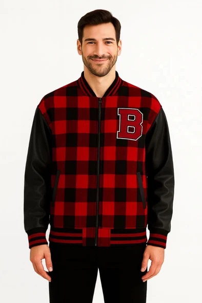 MDB Kolları uni Deri Içi Astarlı Oduncu Kolej Içi Ceket  Bordo - 3