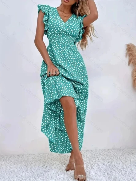 MDB Kadın Kısa Kollu Kruvaze Yaka Beli Lastikli çiçek Desenli Elbise - Resim 2