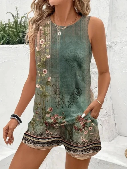 MDB Kadın Askılı Yuvarlak Yaka çiçek Baskılı Süprme Bluz Ve Short Ikili Takım - Resim 3