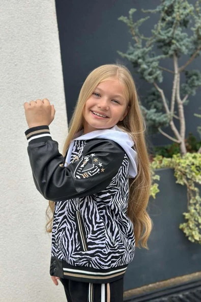 Kız Çocuk V Cool Yazı Baskılı Sweatshirt Zebra ve Gold Şerit Detaylı Deri Eşofman Takım - Resim 2