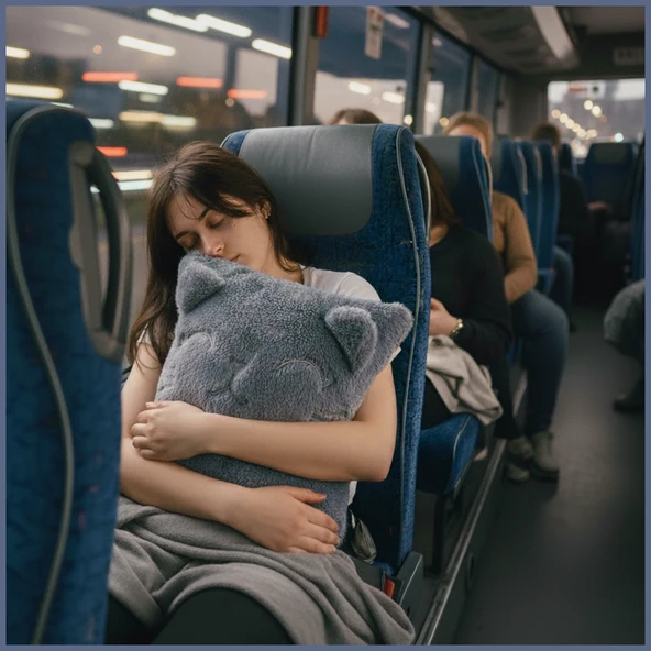 Kedi Nakış Desenli Pelüş Seyahat Yastığı / Araç Uçak Otobüs İçin Yumuşak Konforlu Kırlent 30x35 cm - Resim 2