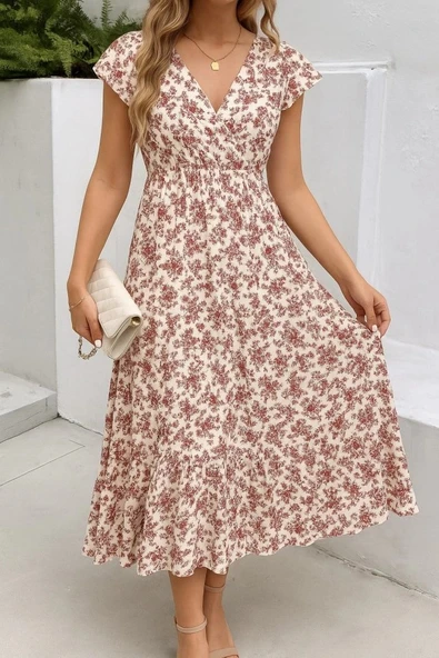 MDB Kadın Kısa Kollu Kruvaze Yaka Beli Lastikli çiçek Desenli Elbise ürün görseli 1