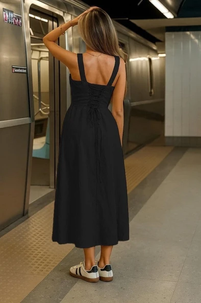 MDB Kadın Askılı Geniş V Yakalı Sırttan Bağlamalı Yırtmaçlı Süprem Elbise - Resim 2