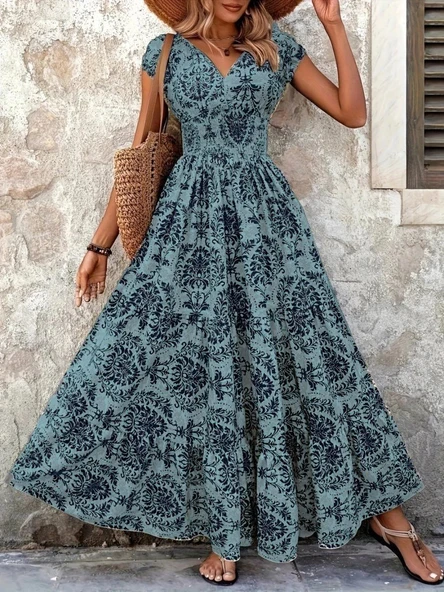 MDB Kadın Kısa Kollu Kruvaze Yaka Beli Lastikli Süprem Maksi Boy Elbise ürün görseli 1