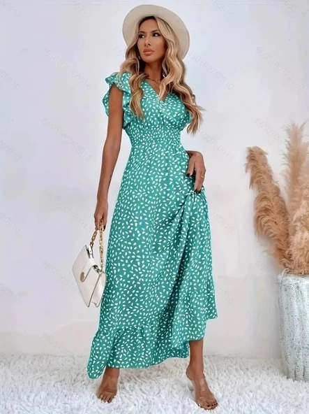 MDB Kadın Kısa Kollu Kruvaze Yaka Beli Lastikli çiçek Desenli Elbise ürün görseli 1