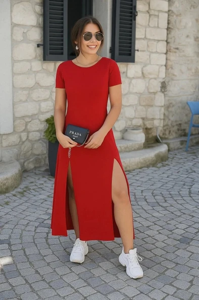 MDB Kadın Kısa Kollu Sırt Dekolteli Yırtmaç Detaylı Viskon Elbise ürün görseli 1