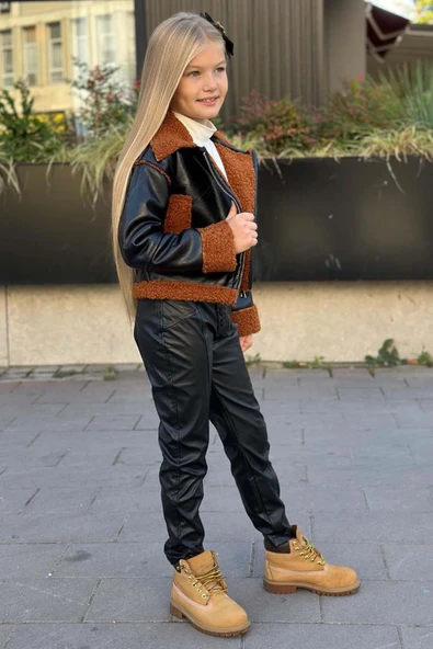 Kız Çocuk Kolları ve Yakası Peluş Detaylı Siyah Ceket Dik Yaka Kazak Deri Alt Üst Takım - 3