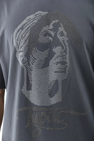 MDB Unisex Oversize Taşlı Bisiklet Yaka Thirt  Füme - Resim 3