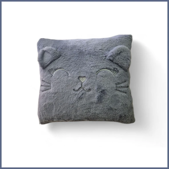 Kedi Nakış Desenli Pelüş Seyahat Yastığı / Araç Uçak Otobüs İçin Yumuşak Konforlu Kırlent 30x35 cm - Resim 4