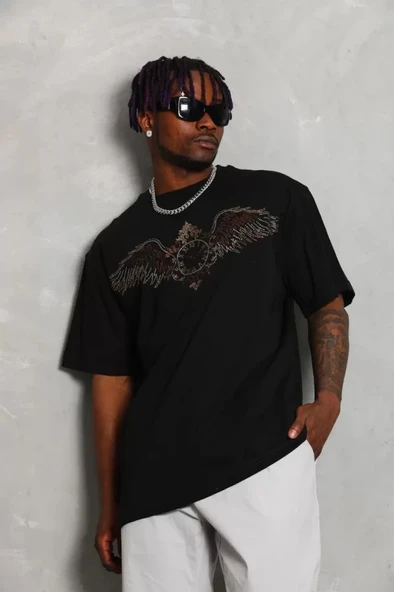 MDB Unisex Oversize Taşlı Bisiklet Yaka Thirt  iyah - Resim 2