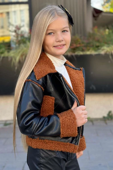 Kız Çocuk Kolları ve Yakası Peluş Detaylı Siyah Ceket Dik Yaka Kazak Deri Alt Üst Takım - 4