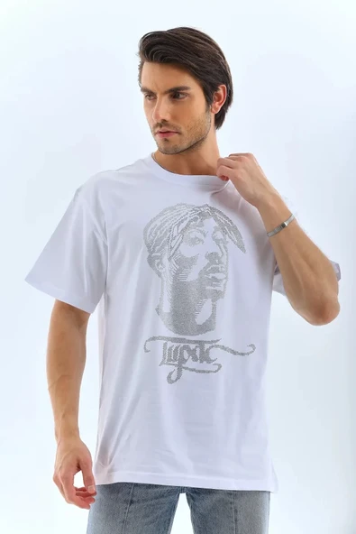 MDB Unisex Oversize Taşlı Bisiklet Yaka Thirt  Beyaz - Resim 4