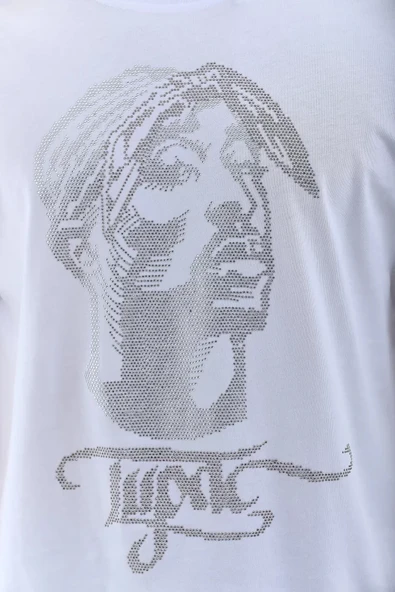 MDB Unisex Oversize Taşlı Bisiklet Yaka Thirt  Beyaz - Resim 3