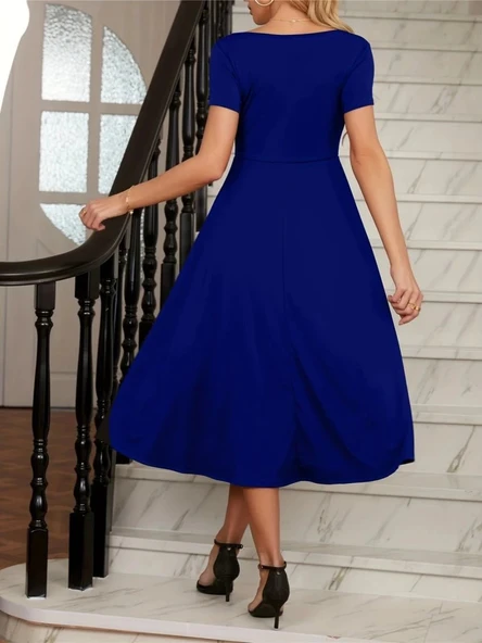 MDB Kadın Kısa Kollu V Yakalı önden Pileli Midi Janjan Krep Elbise - Resim 5