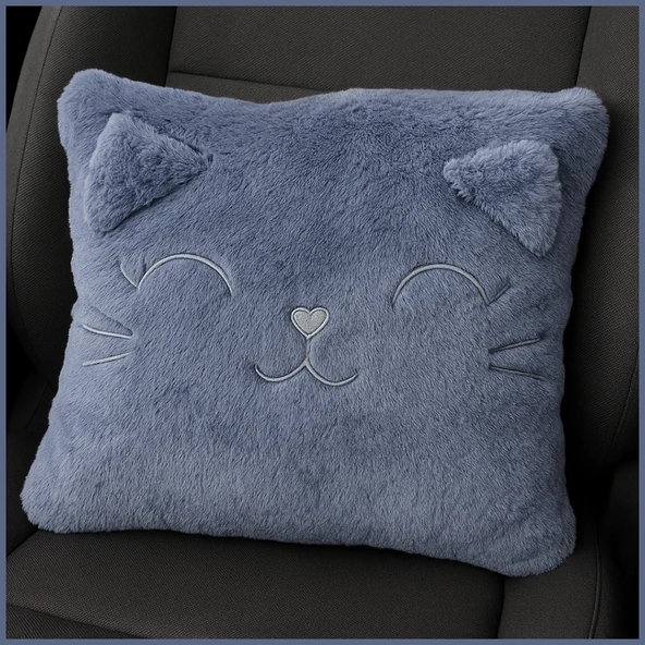 Kedi Nakış Desenli Pelüş Seyahat Yastığı / Araç Uçak Otobüs İçin Yumuşak Konforlu Kırlent 30x35 cm - Resim 7