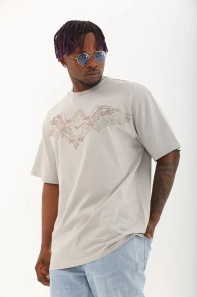 MDB Unisex Oversize Taşlı Bisiklet Yaka Thirt  Gri - Resim 2