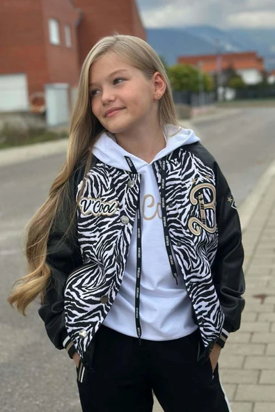 Kız Çocuk V Cool Yazı Baskılı Sweatshirt Zebra ve Gold Şerit Detaylı Deri Eşofman Takım - Resim 3