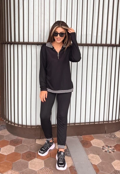 MDB Kadın Uzun Kollu Ribana Ve Fermuar Detay Bluz Ve Yüksel Bel Pantolon 2li Takım - Resim 3